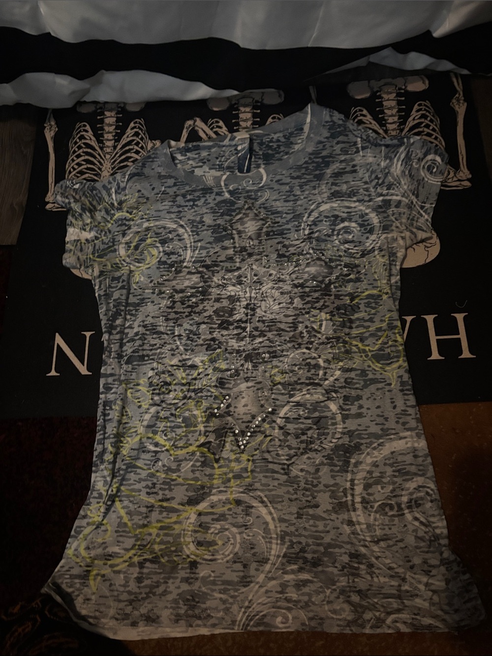 Y2k Women's Gray rhinestone Patterned burnout Short-Sleeve Tee